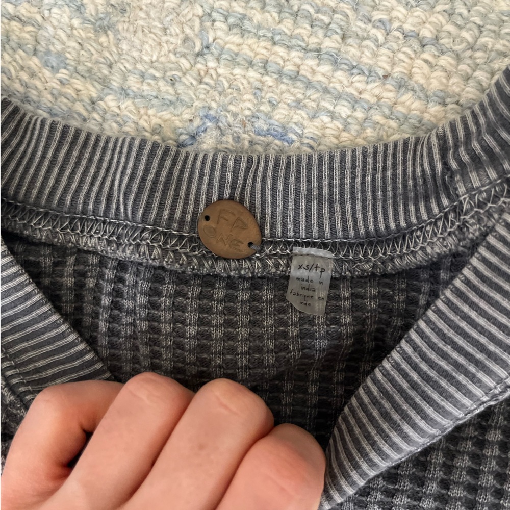 Free People Grey Waffle Knit Sweater with Lace Sleeves - Picture 2 of 4